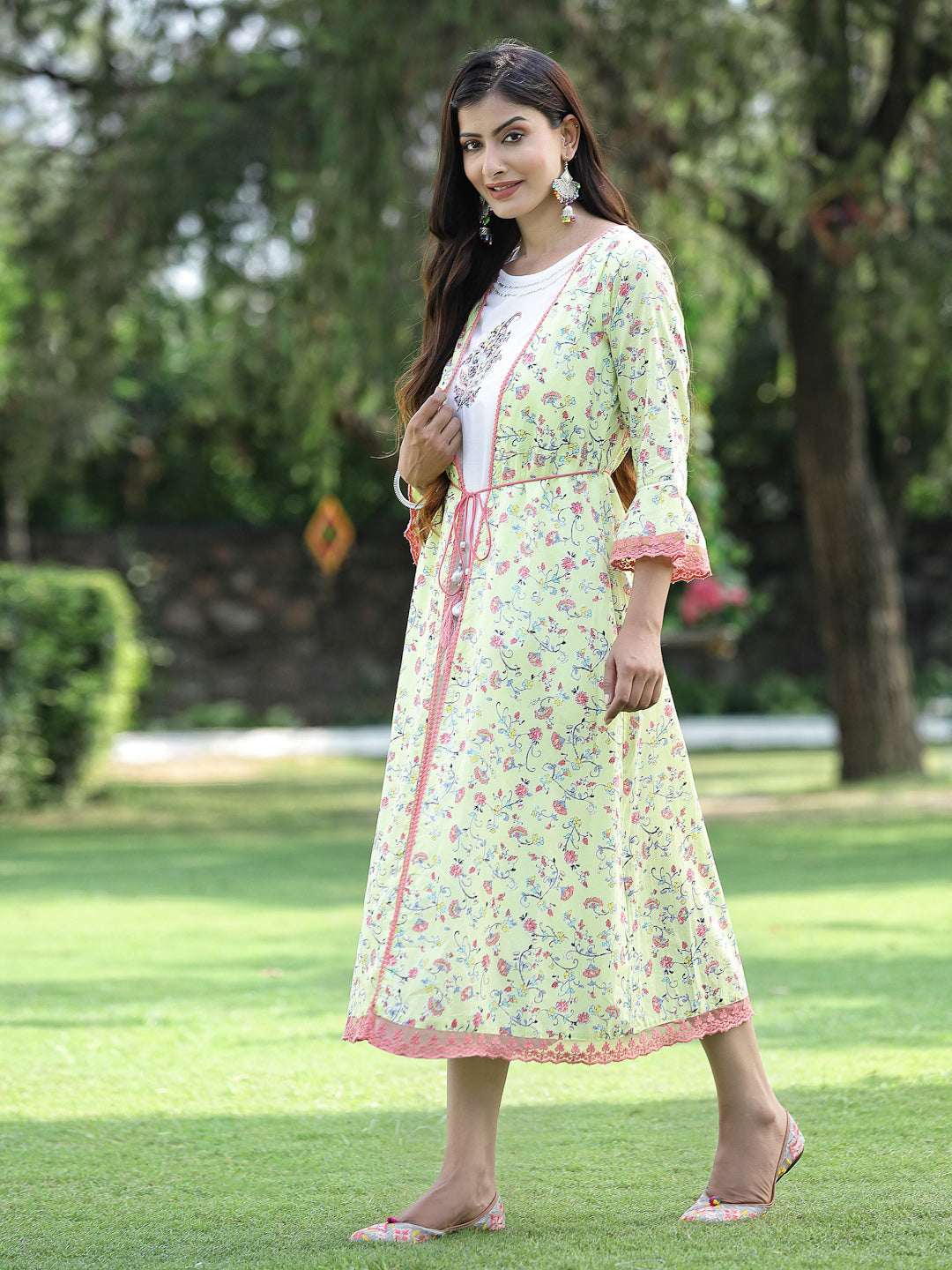 Juniper Womens Lime Green Multi Rayon Slub Double Layer Printed Kurta | Swadesiicart