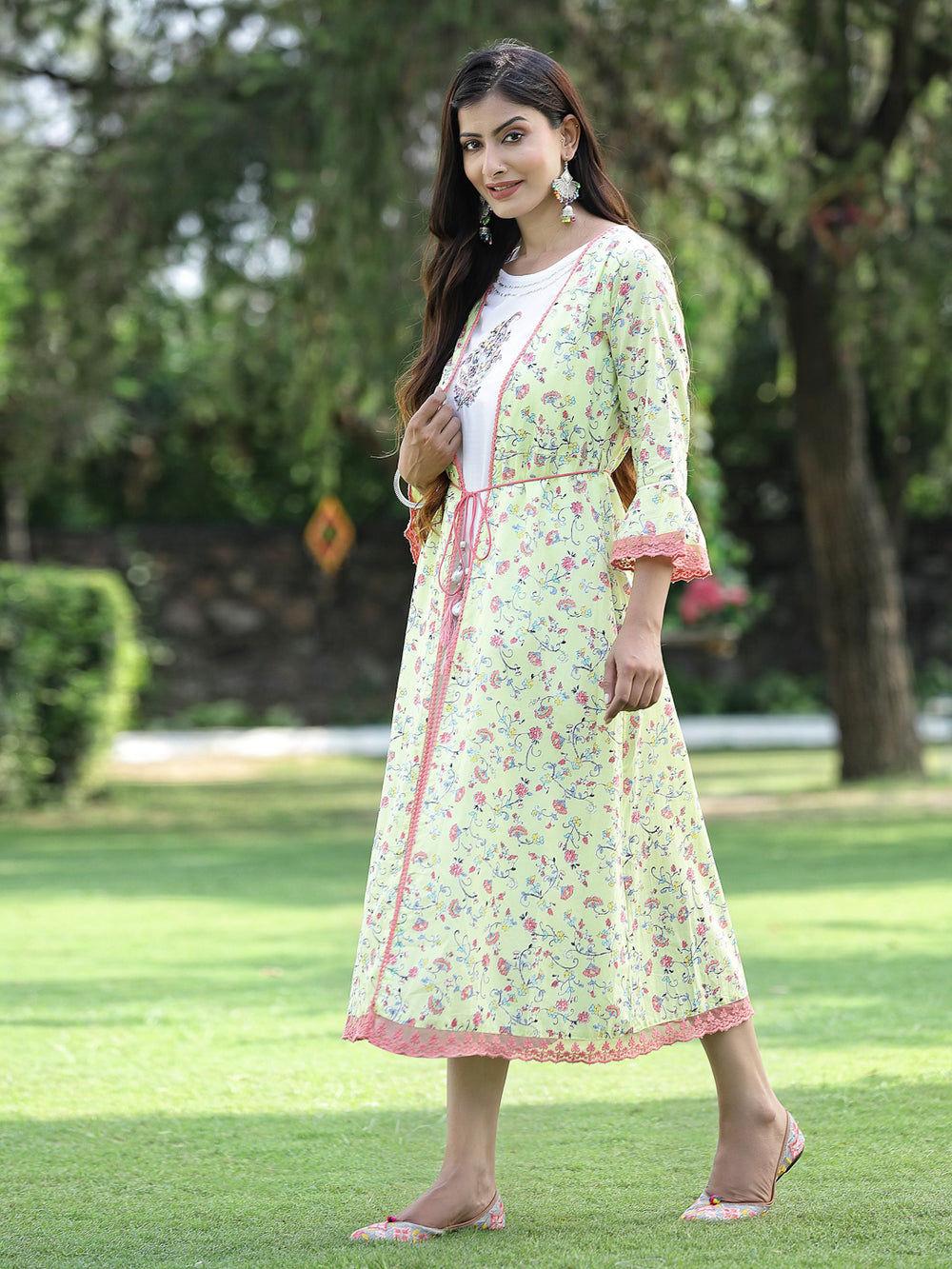 Juniper Women's Limegreen Cambric Embroidered & Printed Jacket Style Kurta | Swadesiicart