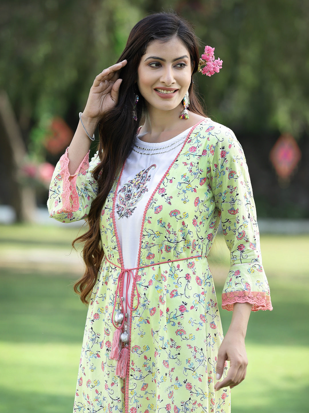 Juniper Womens Lime Green Multi Rayon Slub Double Layer Printed Kurta | Swadesiicart
