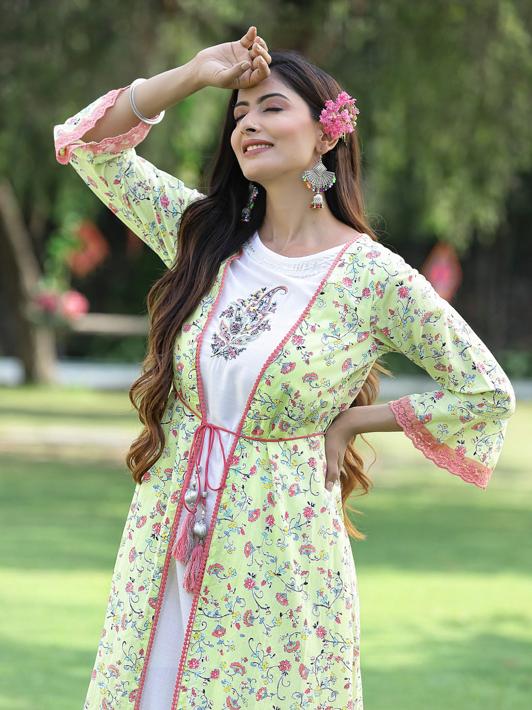 Juniper Womens Lime Green Multi Rayon Slub Double Layer Printed Kurta | Swadesiicart