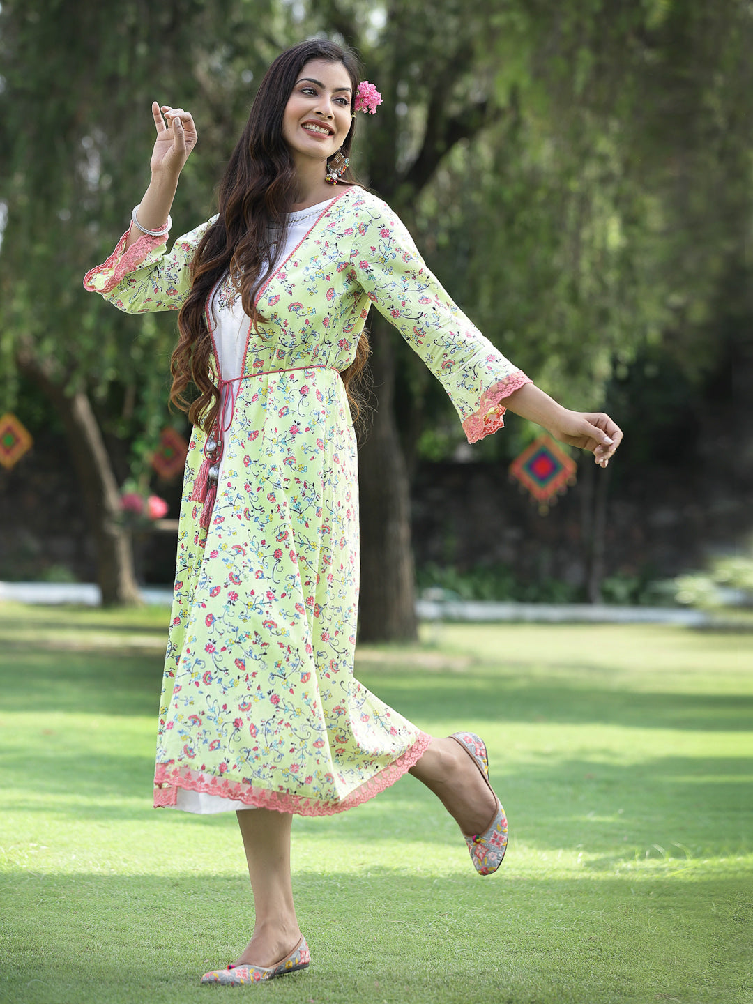 Juniper Womens Lime Green Multi Rayon Slub Double Layer Printed Kurta | Swadesiicart