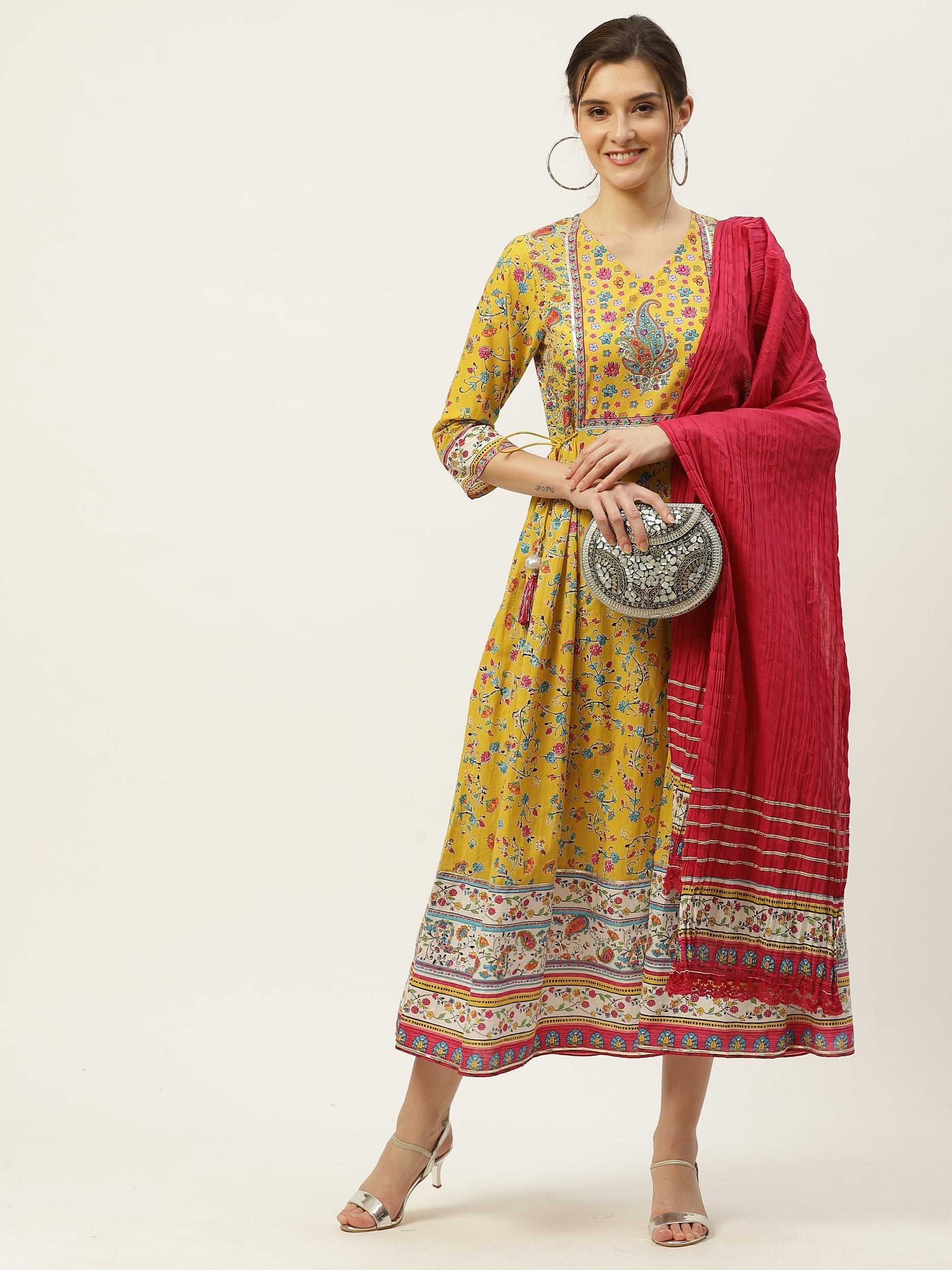 Juniper Womens Yellow Cambric Printed Maxi Dress | Swadesiicart