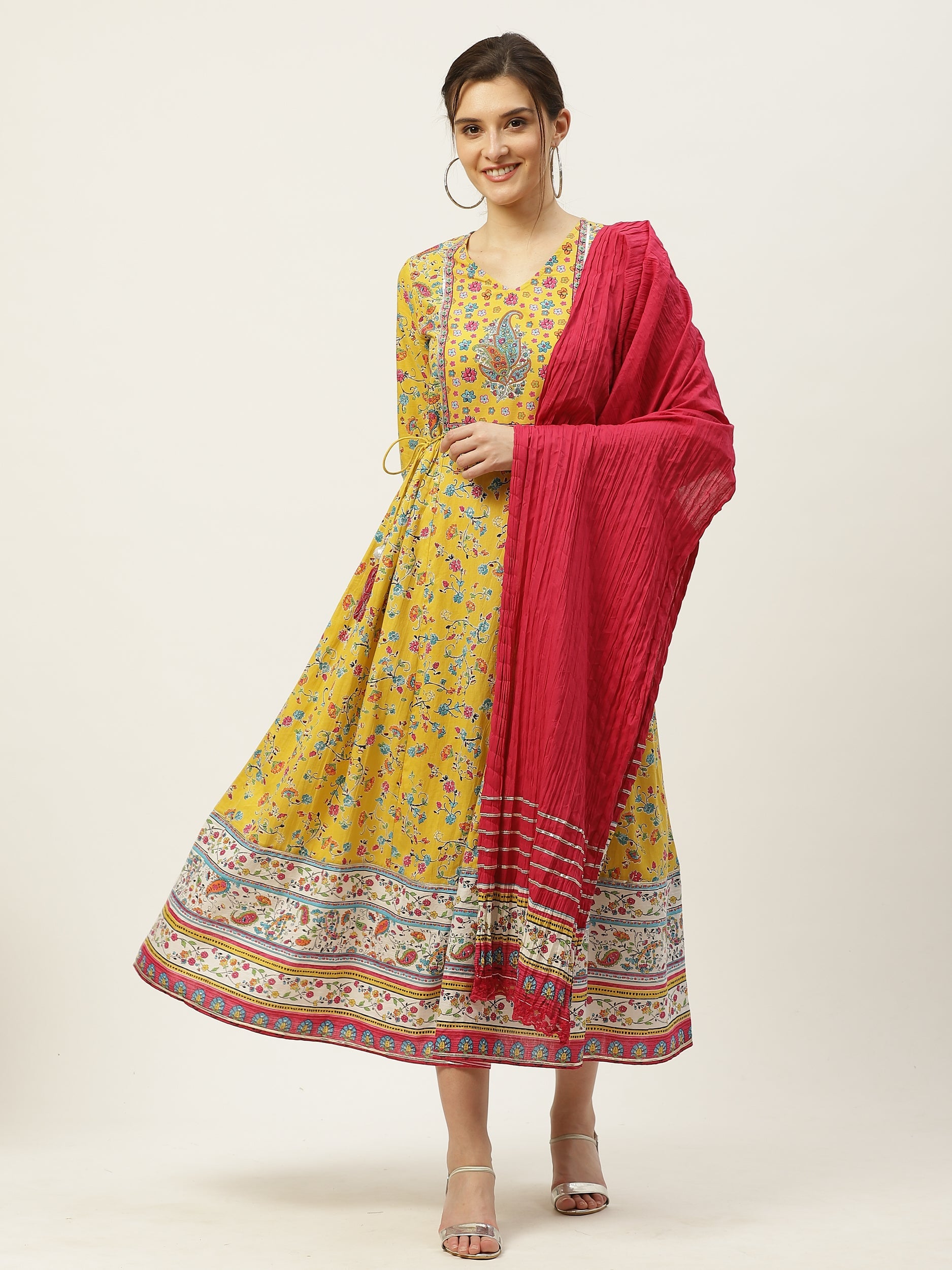 Juniper Womens Yellow Cambric Printed Maxi Dress | Swadesiicart