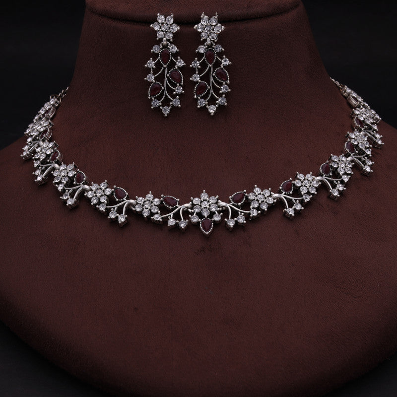 Tehzeeb Creations Silver Pleated White Diamond With Maroon Beads Necklace Set - Swadesiicart