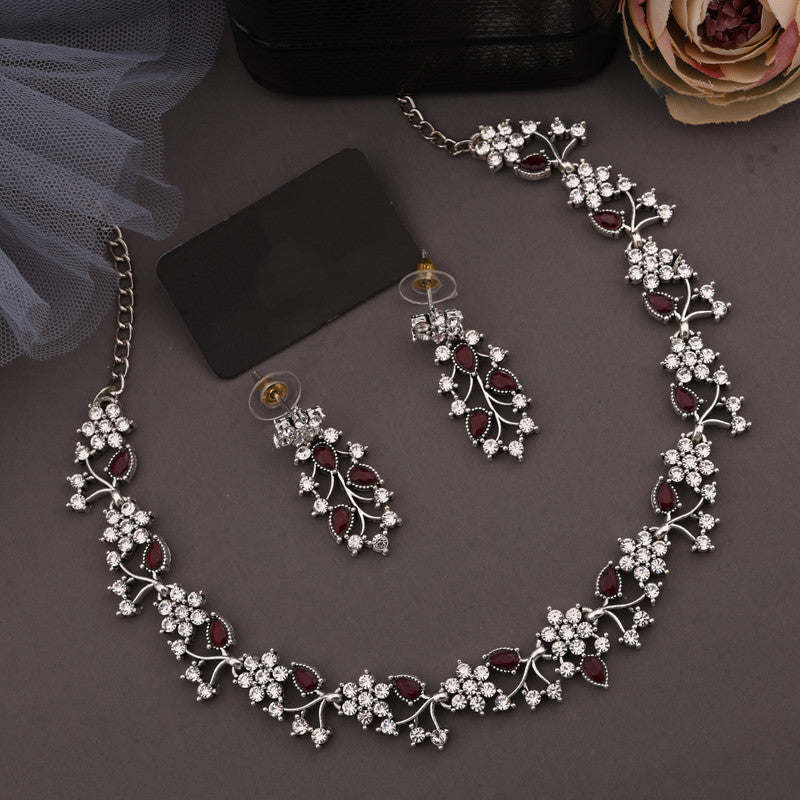 Tehzeeb Creations Silver Pleated White Diamond With Maroon Beads Necklace Set - Swadesiicart