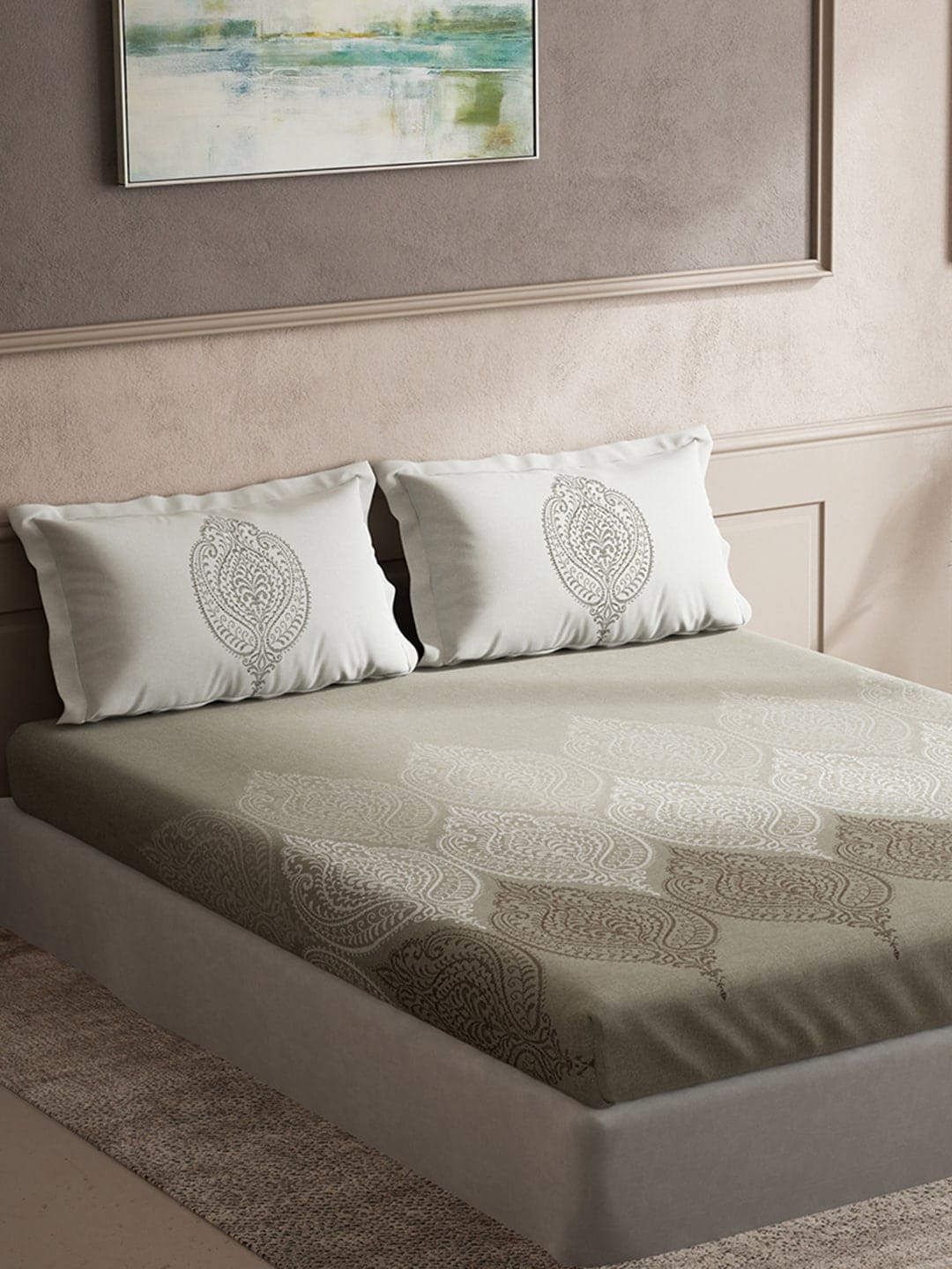 DDecor Grey & White Ethnic Motifs Cotton 140 TC Queen Bedsheet With 2 Pillow Covers - Swadesiicart