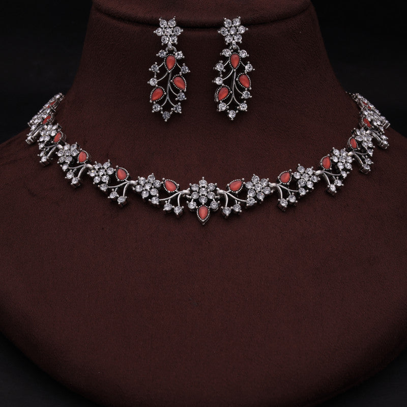 Tehzeeb Creations Silver Pleated White Diamond With Orange Beads Necklace Set - Swadesiicart