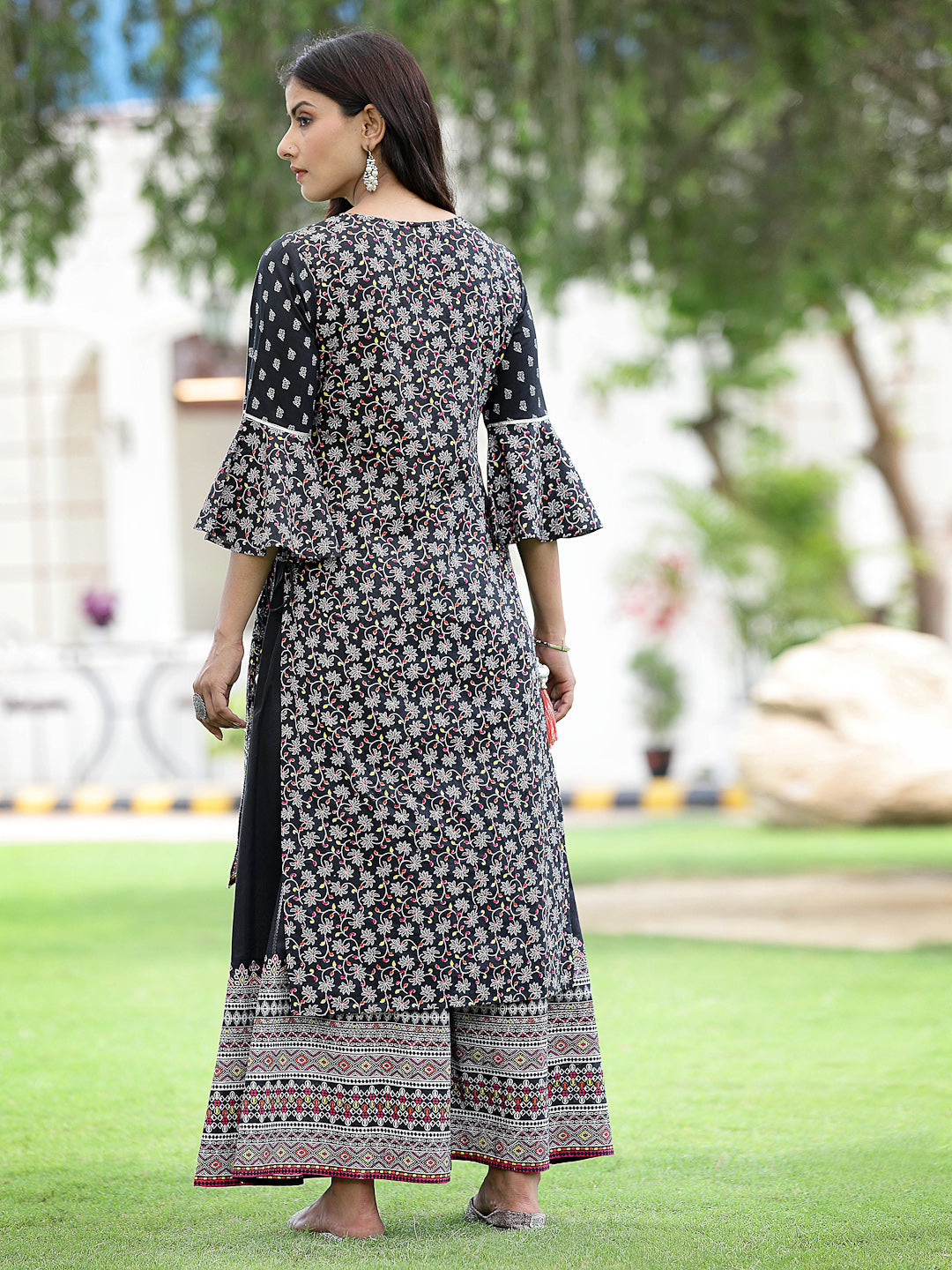 Juniper Womens Black Cambric Multicolor Placement Printed Kurta Palazzo Set | Swadesiicart