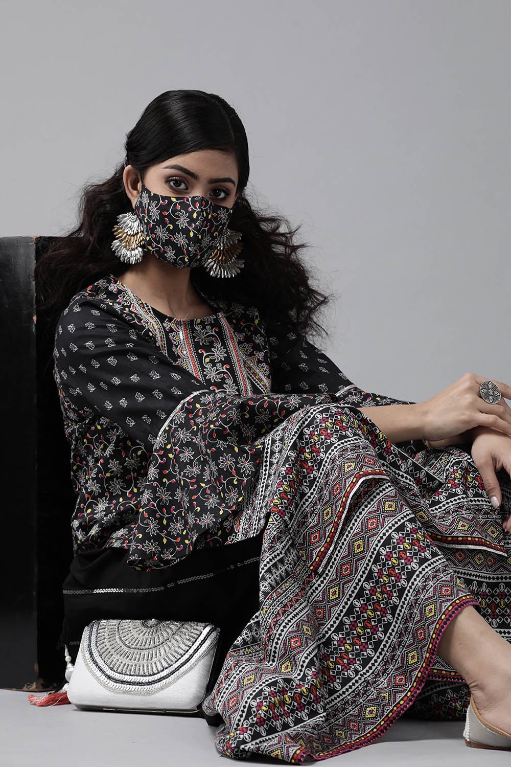 Juniper Women's Black Cambric Printed High-Low Kurta Sets | Swadesiicart
