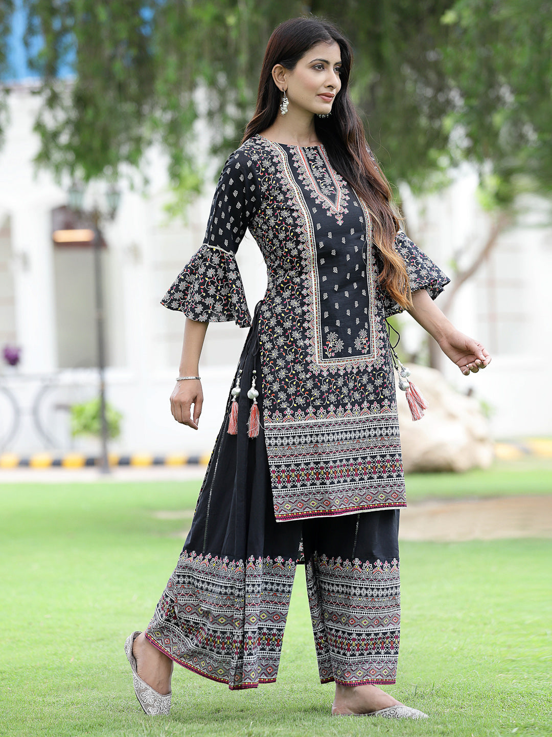 Juniper Womens Black Cambric Multicolor Placement Printed Kurta Palazzo Set | Swadesiicart