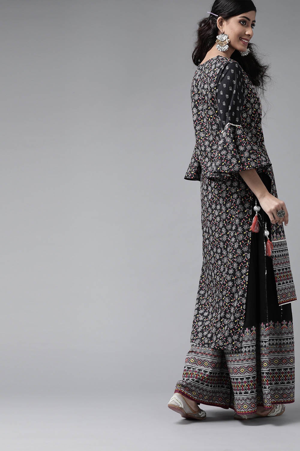 Juniper Women's Black Cambric Printed High-Low Kurta Sets | Swadesiicart
