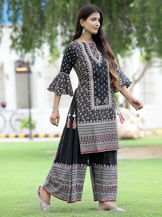 Juniper Womens Black Cambric Multicolor Placement Printed Kurta Palazzo Set | Swadesiicart