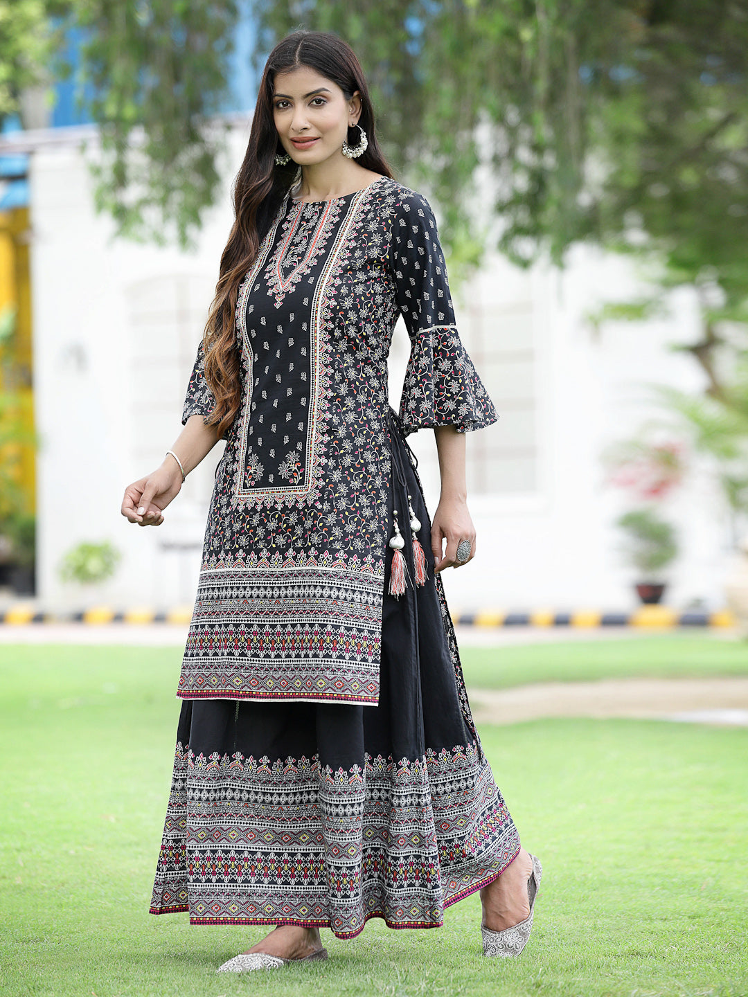 Juniper Womens Black Cambric Multicolor Placement Printed Kurta Palazzo Set | Swadesiicart