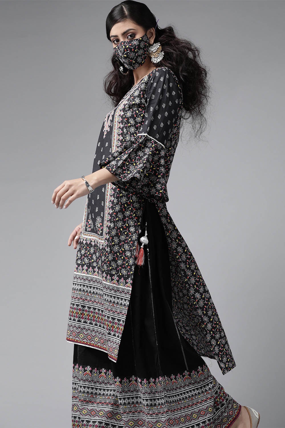 Juniper Women's Black Cambric Printed High-Low Kurta Sets | Swadesiicart