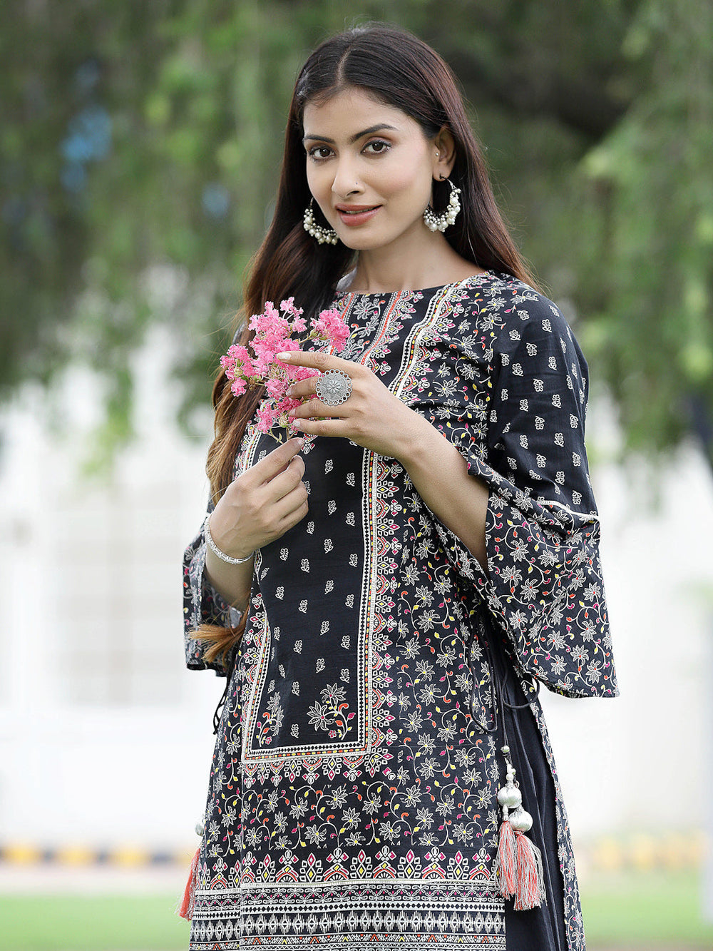 Juniper Women's Black Cambric Printed High-Low Kurta Sets | Swadesiicart