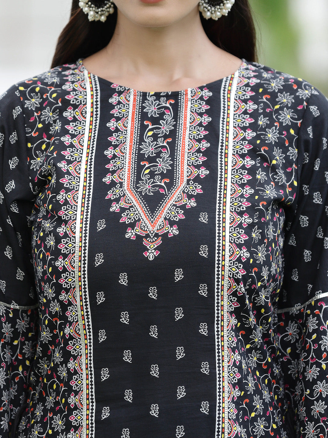 Juniper Womens Black Cambric Multicolor Placement Printed Kurta Palazzo Set | Swadesiicart