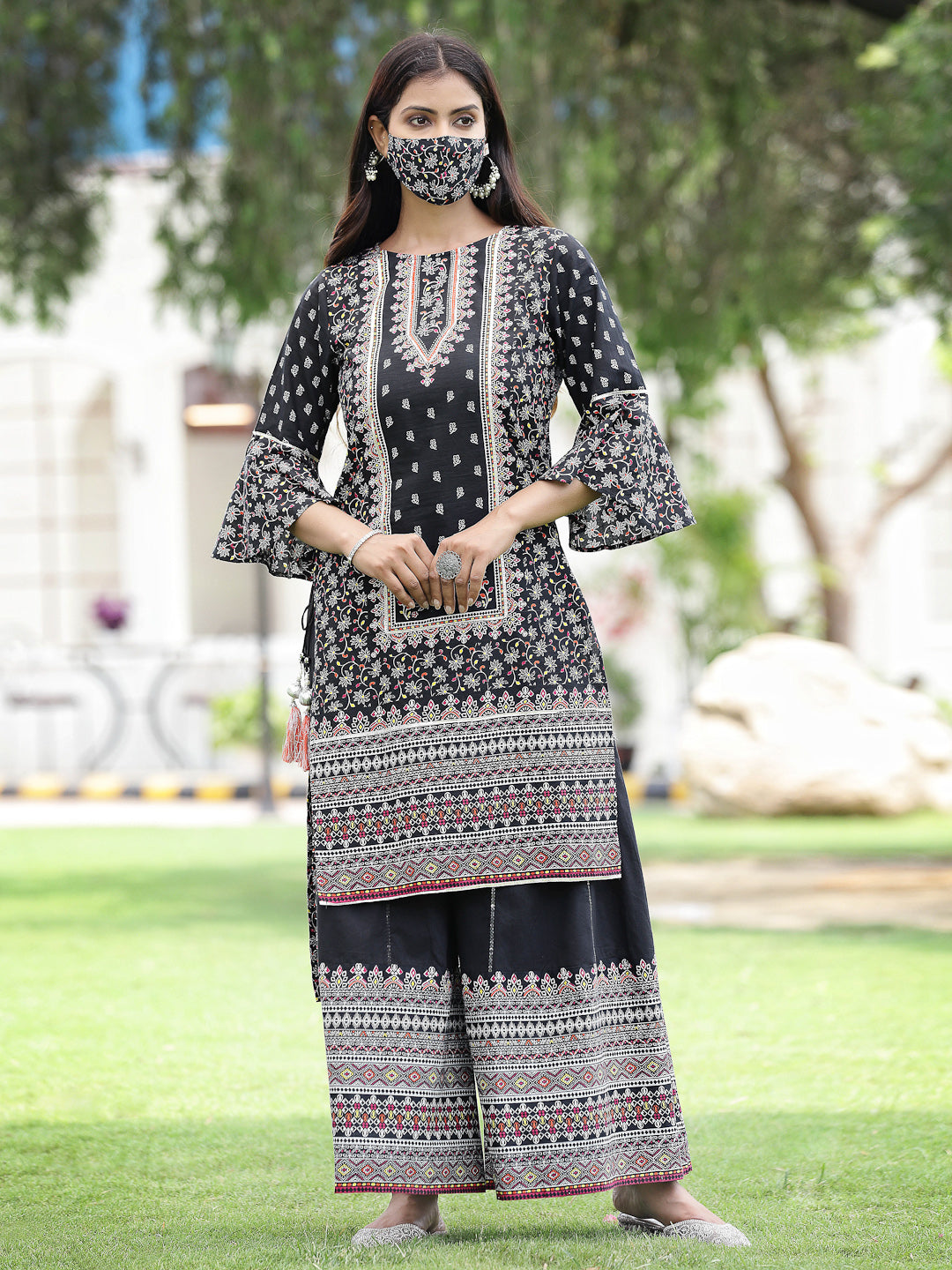Juniper Womens Black Cambric Multicolor Placement Printed Kurta Palazzo Set | Swadesiicart