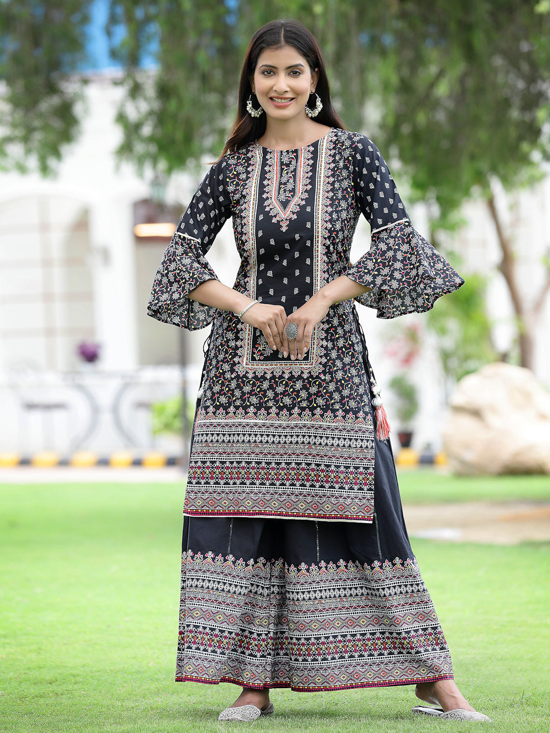 Juniper Womens Black Cambric Multicolor Placement Printed Kurta Palazzo Set | Swadesiicart