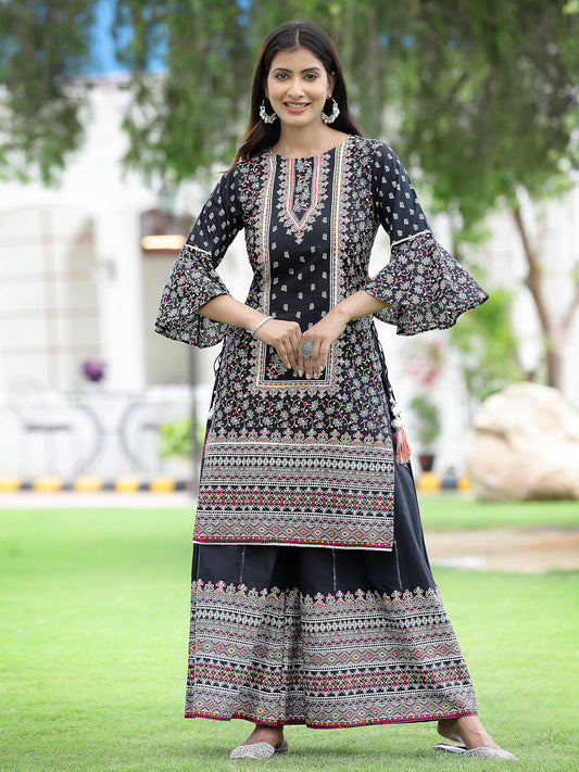 Juniper Womens Black Cambric Multicolor Placement Printed Kurta Palazzo Set | Swadesiicart
