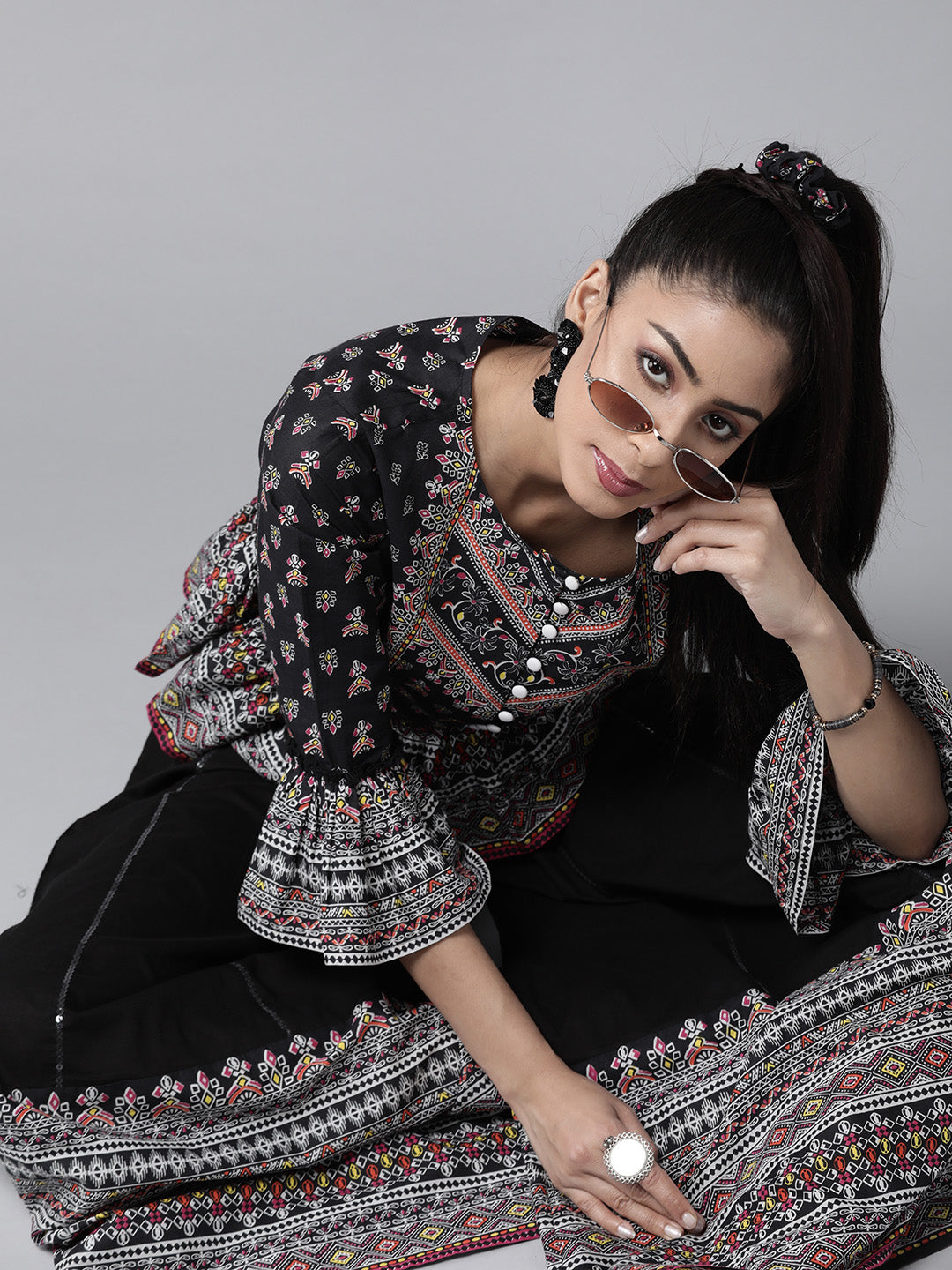 Juniper Womens Black Color Floral Printed Cambric Clothing Set | Swadesiicart