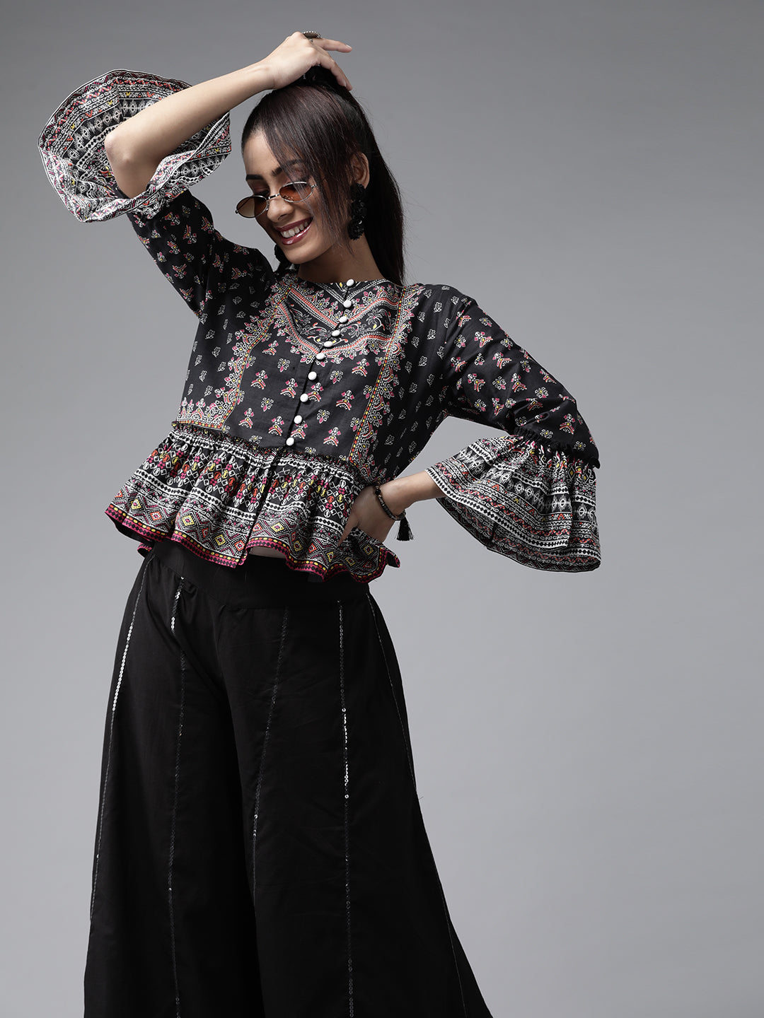 Juniper Womens Black Color Floral Printed Cambric Clothing Set | Swadesiicart