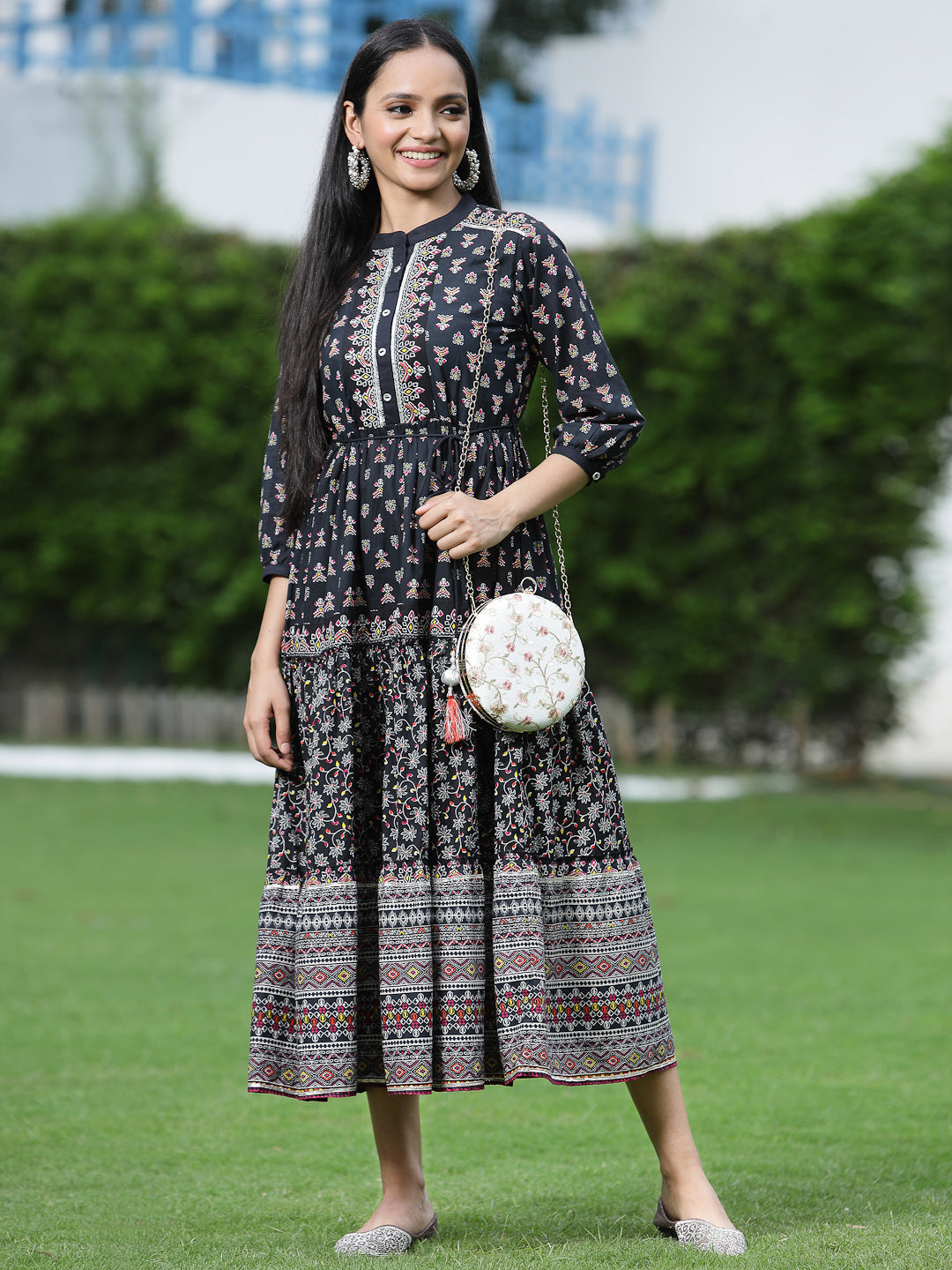 Juniper Womens Black Cambric Printed Dress | Swadesiicart
