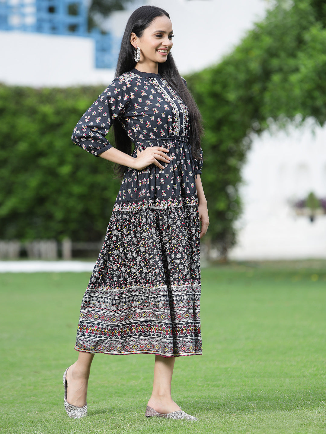 Juniper Womens Black Cambric Printed Dress | Swadesiicart