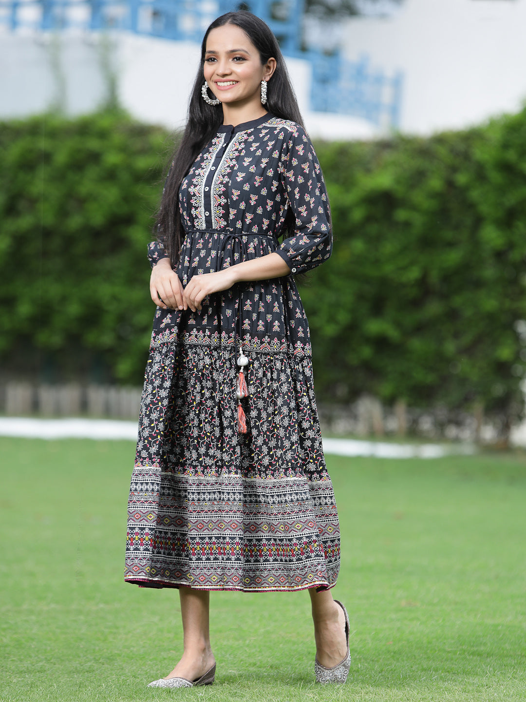 Juniper Womens Black Cambric Printed Dress | Swadesiicart