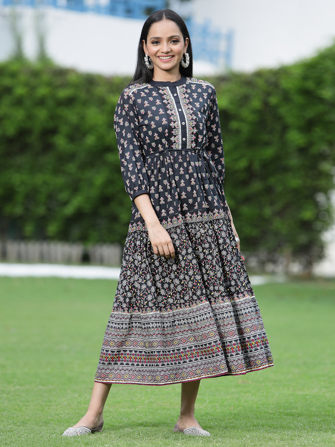 Juniper Womens Black Cambric Printed Dress | Swadesiicart