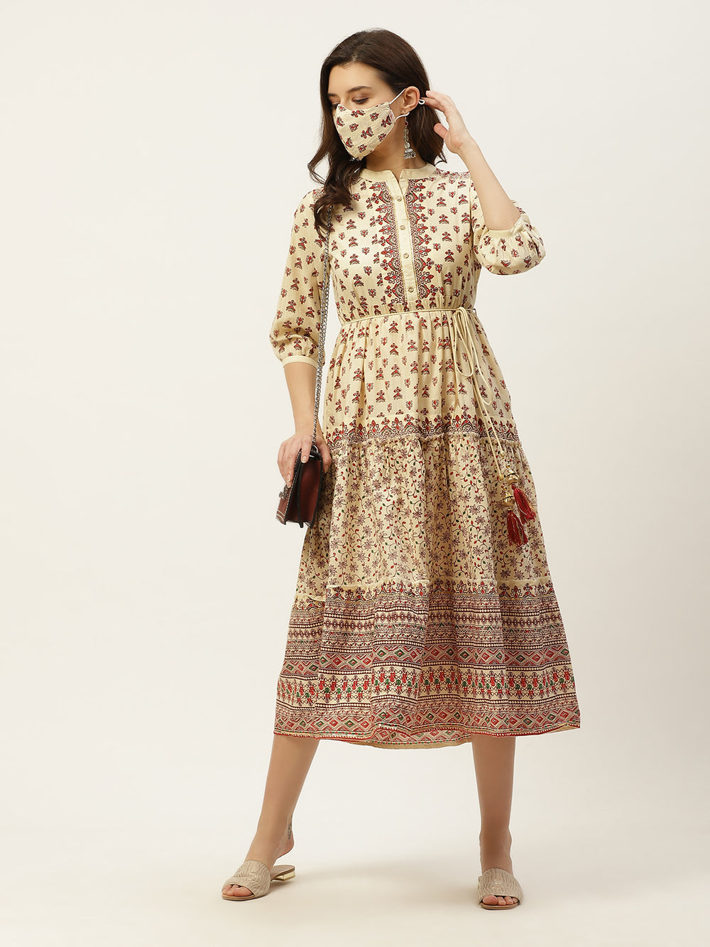 Juniper Women's Cream Cambric Printed Tiered Dress | Swadesiicart