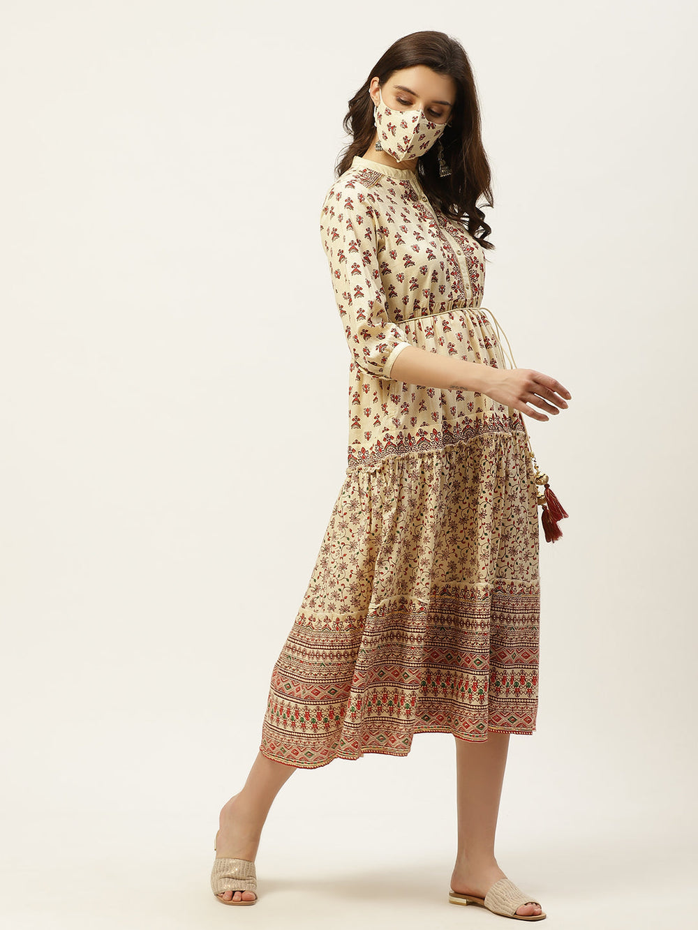 Juniper Women's Cream Cambric Printed Tiered Dress | Swadesiicart