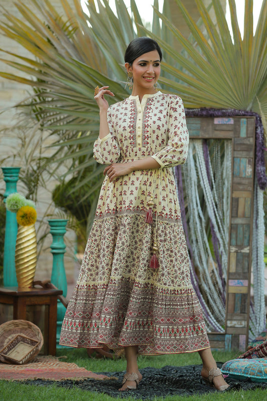 Juniper Women's Cream Cambric Printed Tiered Dress | Swadesiicart