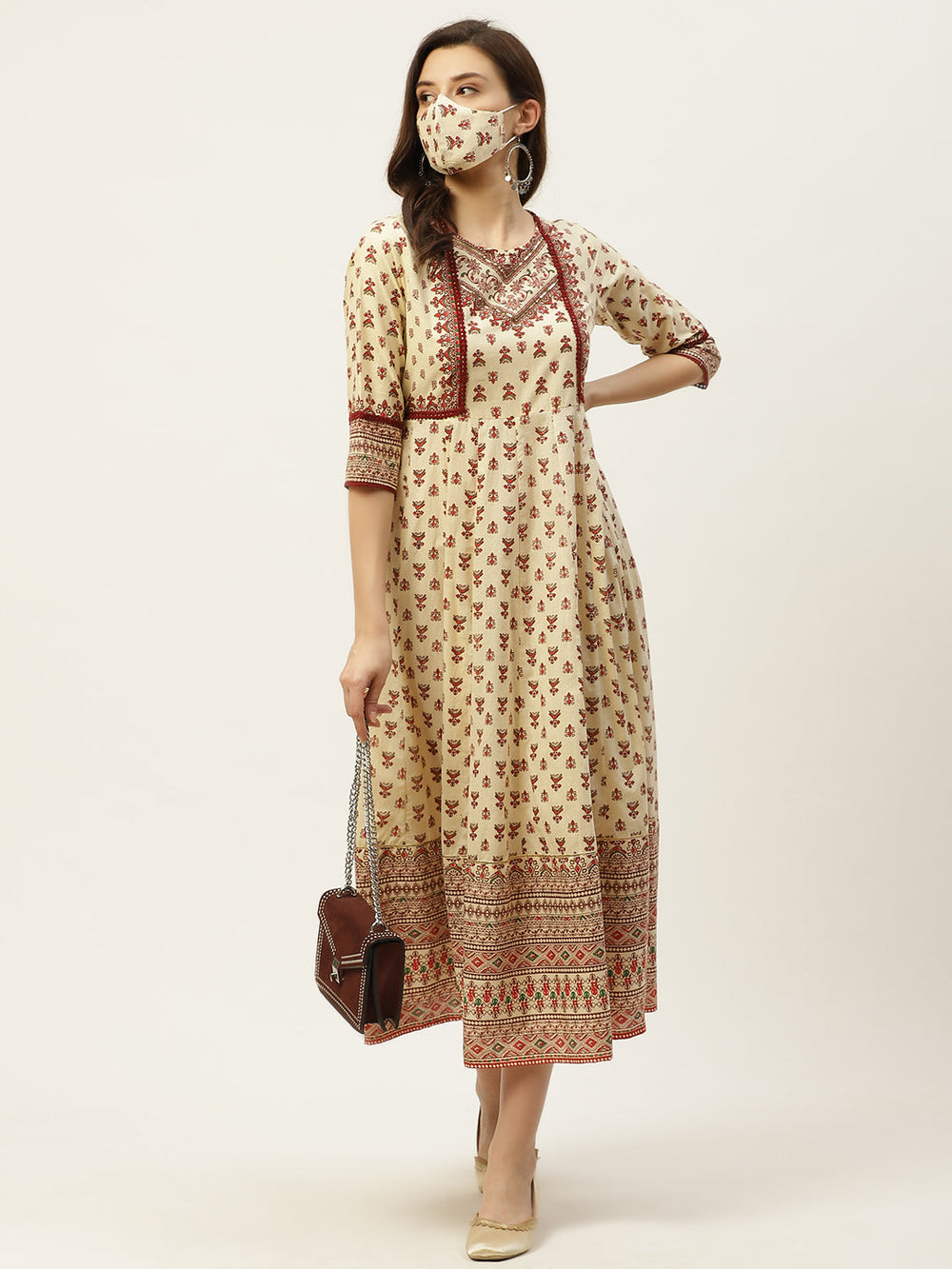 Juniper Women's Cream Cambric Printed Anarkali Dress | Swadesiicart