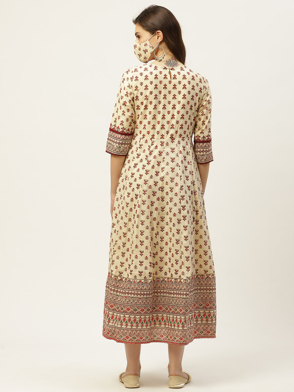 Juniper Women's Cream Cambric Printed Anarkali Dress | Swadesiicart