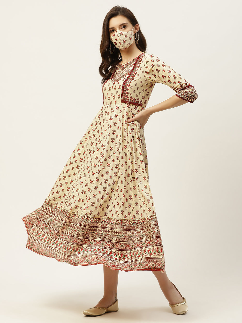 Juniper Women's Cream Cambric Printed Anarkali Dress | Swadesiicart