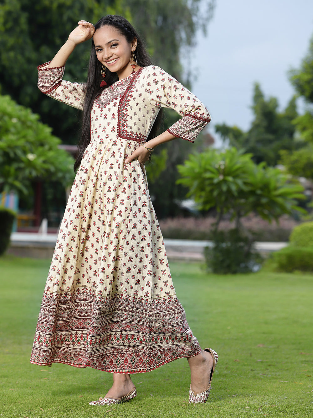 Juniper Women's Cream Cambric Printed Anarkali Dress | Swadesiicart