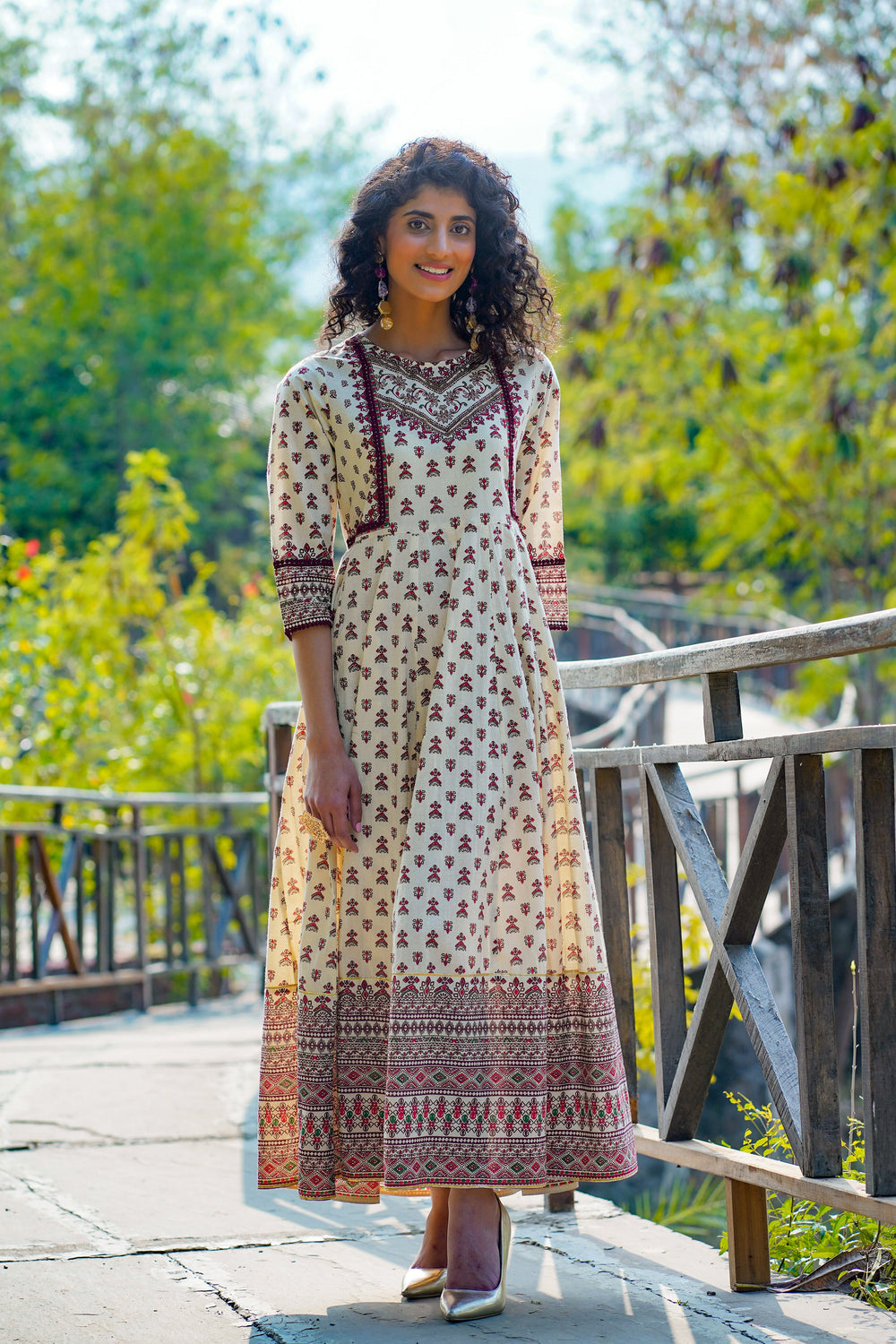 Juniper Women's Cream Cambric Printed Anarkali Dress | Swadesiicart