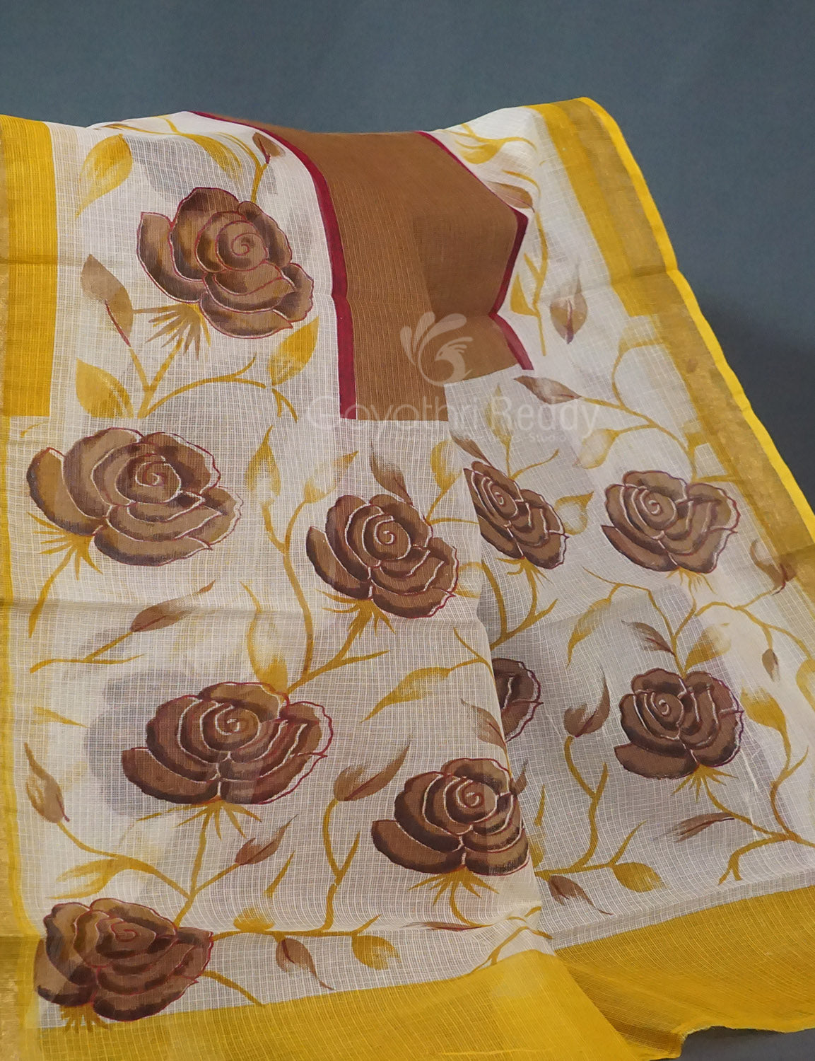 Khaki Green Colour Block Print Pure Kota Cotton Saree By Gayathri Reddy Designer Studio | Swadesiicart