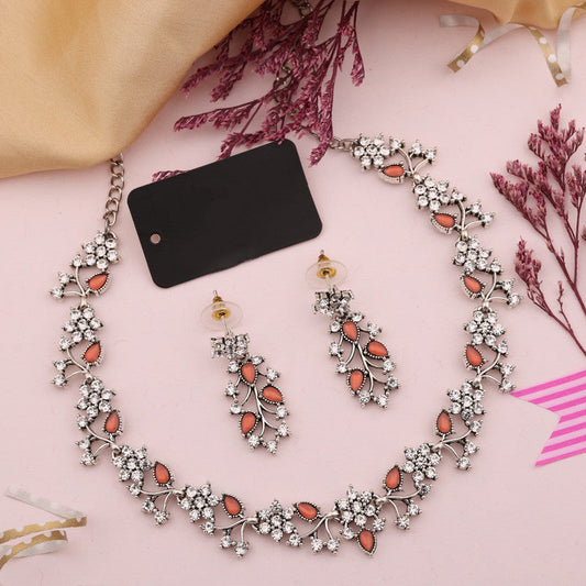 Tehzeeb Creations Silver Pleated White Diamond With Orange Beads Necklace Set - Swadesiicart