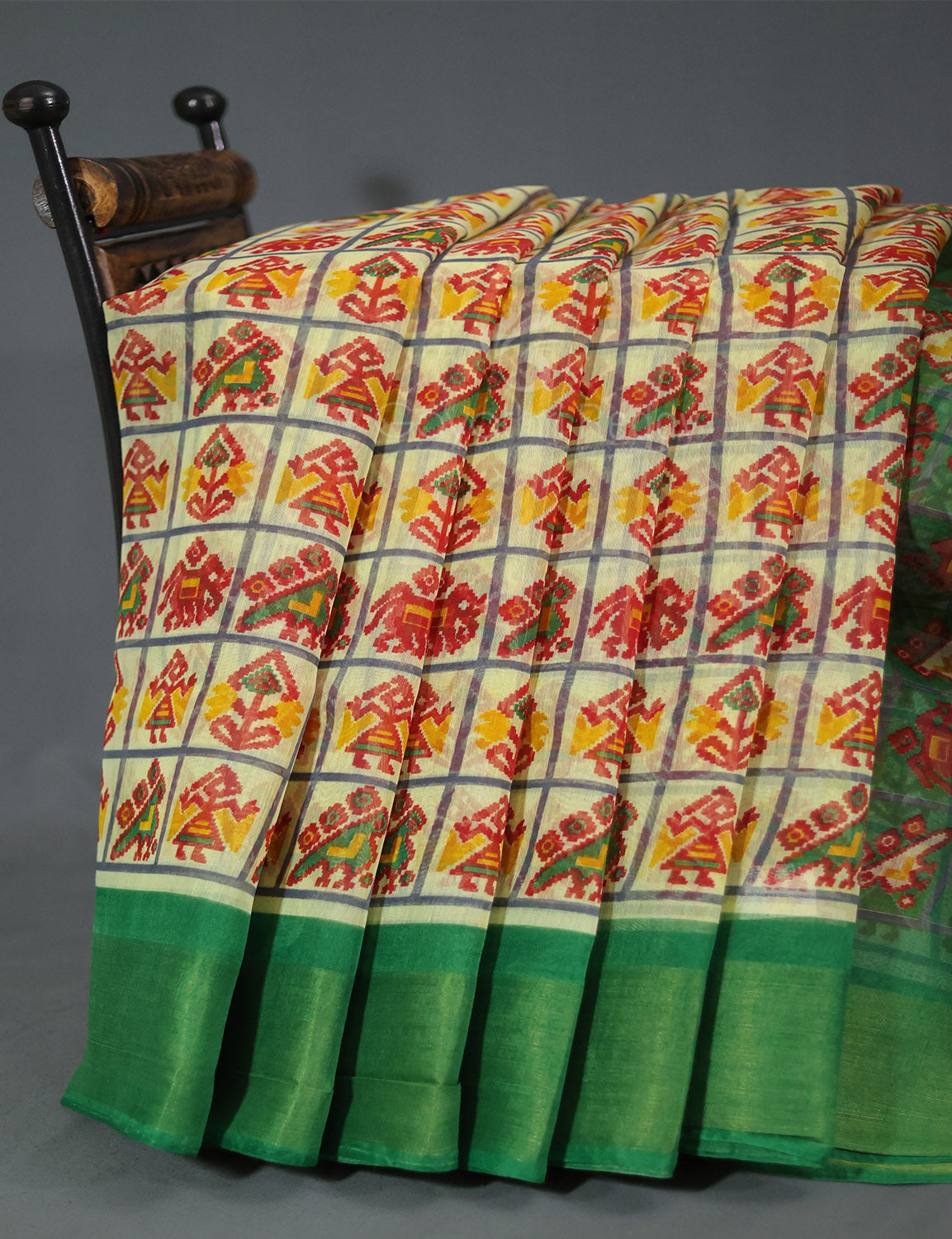 Shades of Lime Green And Mango Green Blouse Patola Print Semi Chanderi Saree By Gayathri Reddy Designer Studio | Swadesiicart
