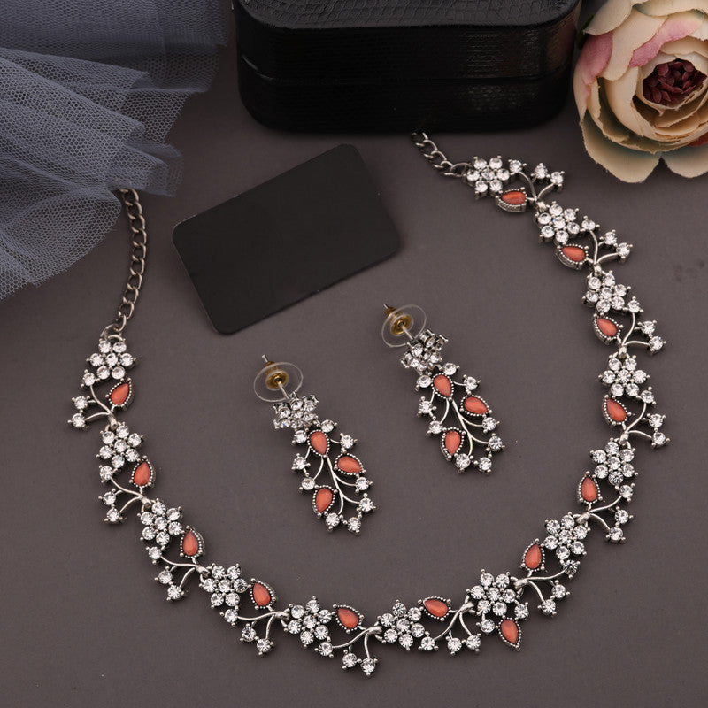 Tehzeeb Creations Silver Pleated White Diamond With Orange Beads Necklace Set - Swadesiicart