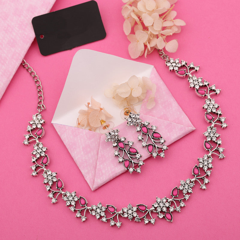 Tehzeeb Creations Silver Pleated White Diamond With Pink Beads Necklace Set - Swadesiicart