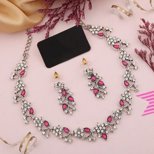 Tehzeeb Creations Silver Pleated White Diamond With Pink Beads Necklace Set - Swadesiicart