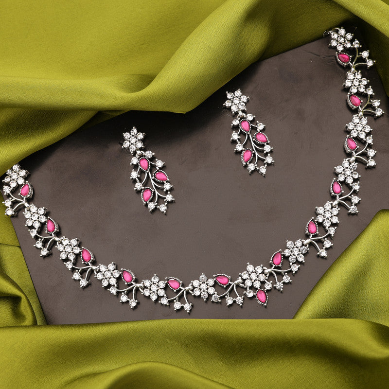 Tehzeeb Creations Silver Pleated White Diamond With Pink Beads Necklace Set - Swadesiicart