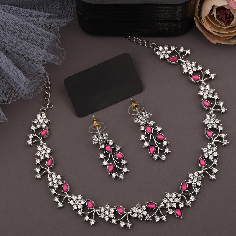 Tehzeeb Creations Silver Pleated White Diamond With Pink Beads Necklace Set - Swadesiicart