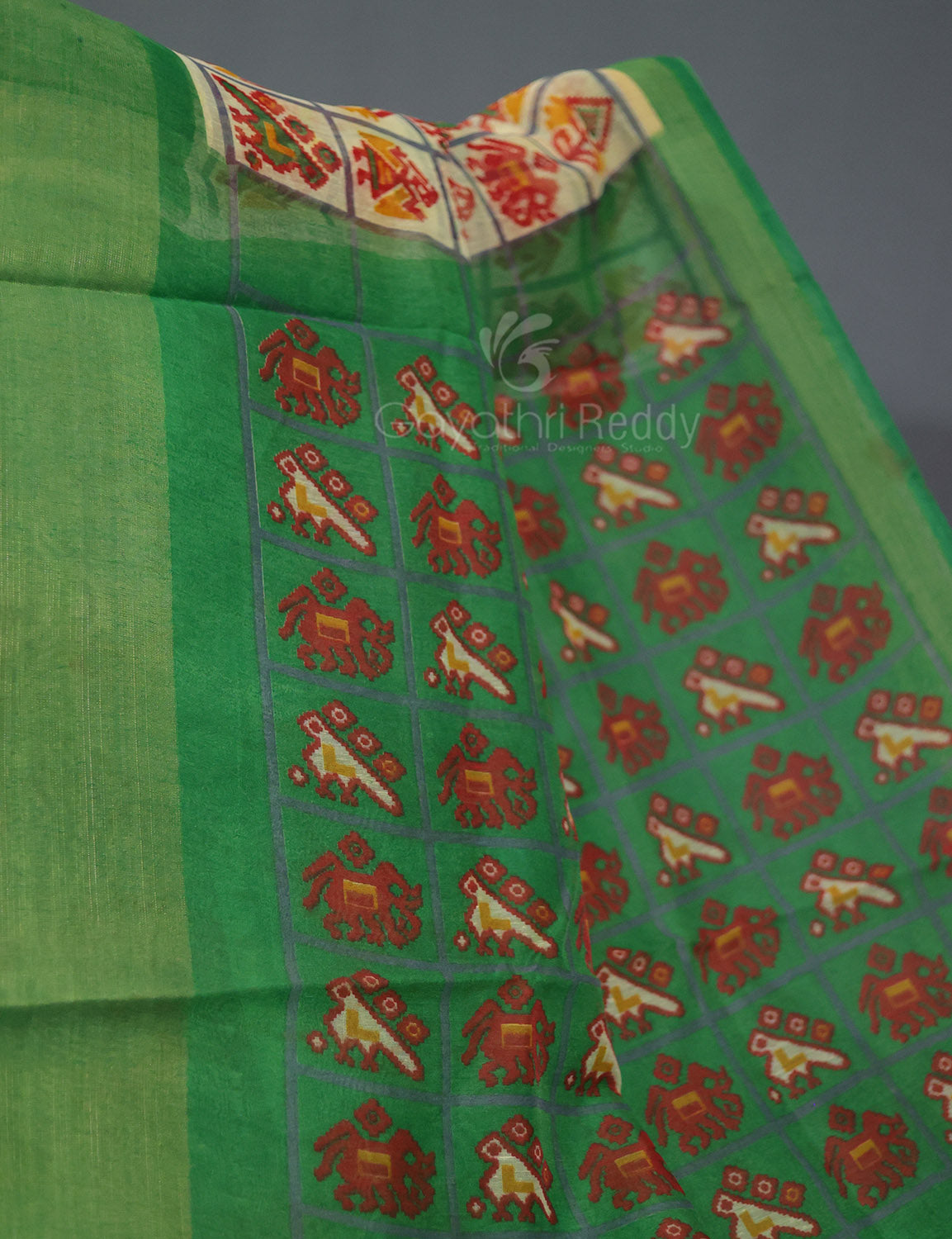 Shades of Lime Green And Mango Green Blouse Patola Print Semi Chanderi Saree By Gayathri Reddy Designer Studio | Swadesiicart