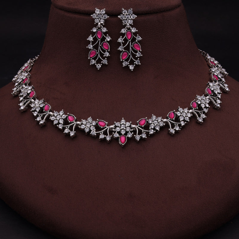 Tehzeeb Creations Silver Pleated White Diamond With Pink Beads Necklace Set - Swadesiicart