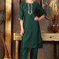 W for Woman Bottle Green Glitter Printed Kurta With Embroidered Yoke