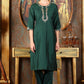 W for Woman Bottle Green Glitter Printed Kurta With Embroidered Yoke