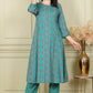 W for Woman Blue Floral Printed Flared Rayon Kurta With Lace